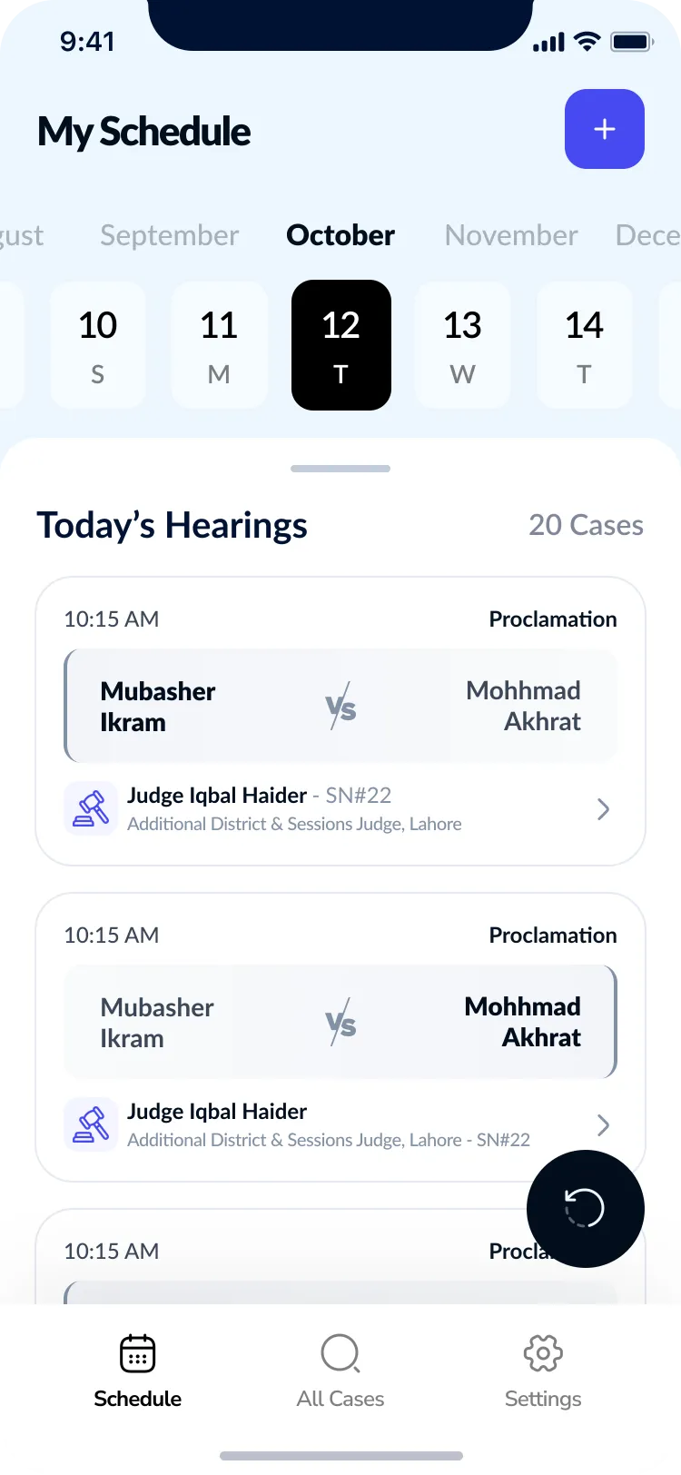 Lawyer Diary schedule with today's hearings under a month calendar
