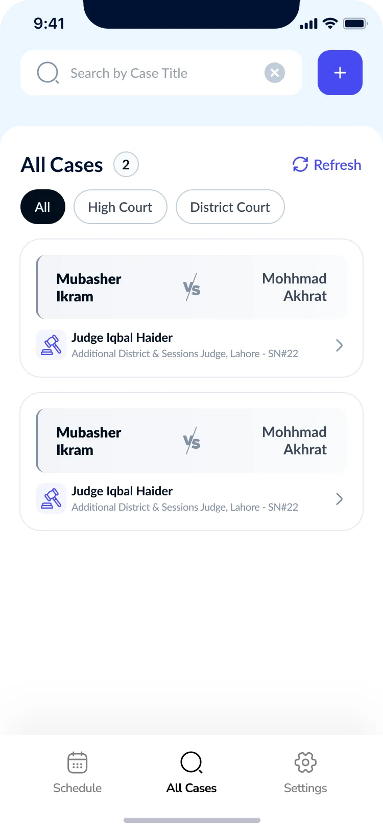 Lawyer Diary list of all cases with court filters