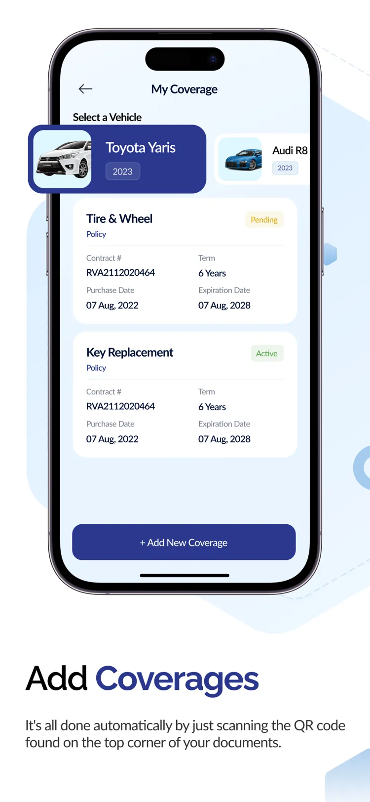 MyCar Mobile App Store screenshot: coverage for a vehicle, with contract number, term and expiry